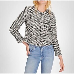 Club Manaco Boucle Cropped Colarless Button Jacket Black White Blazer Size 10